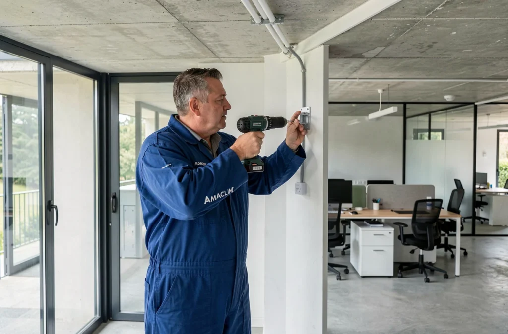 Technicien AMACLIM fixant un support mural pour climatiseur dans un bureau moderne de la Loire