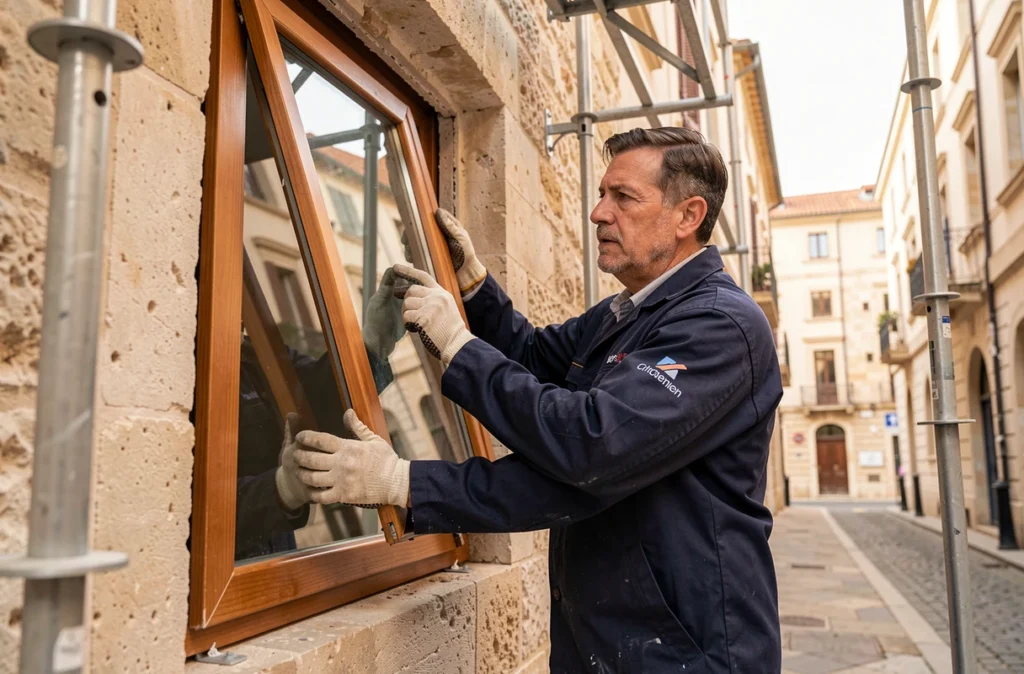 Spécialiste d'ART & FENETRES Metriso posant un cadre de fenêtre en bois double vitrage dans une façade en pierre d'un immeuble marseillais
