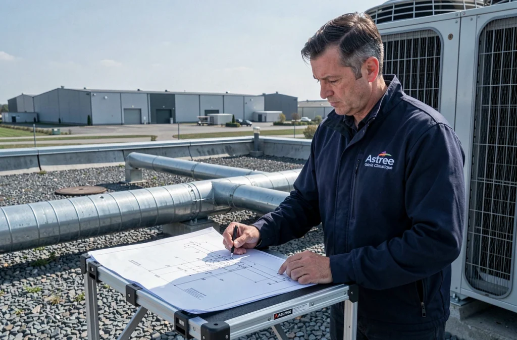Ingénieur Astree Génie Climatique étudiant des plans techniques sur un toit industriel de la Loire