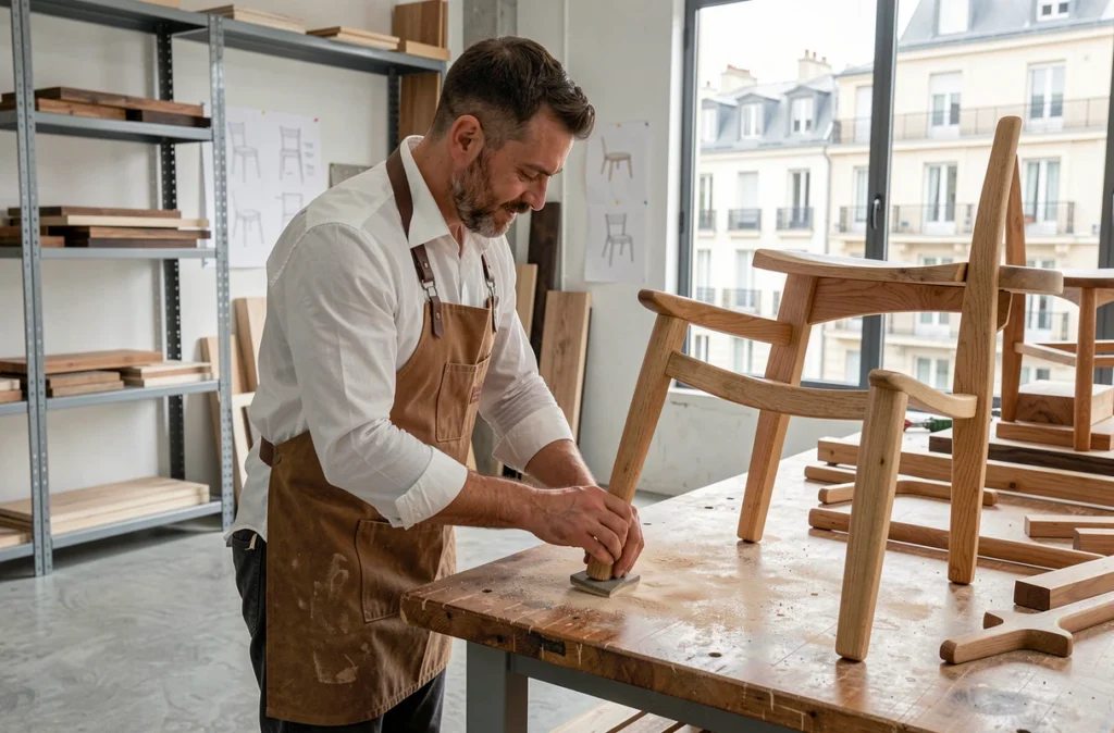 Artisan de l'Atelier Capelan ponçant à la main une patte de chaise en bois courbée dans un studio de menuiserie contemporain à Marseille