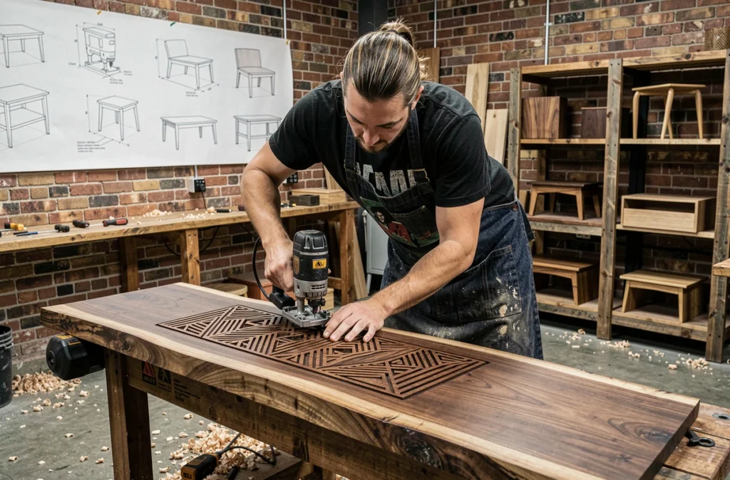 Menuisier de l'Atelier Woodstock gravant un motif géométrique dans une dalle de noyer avec une fraiseuse dans un atelier créatif à Marseille