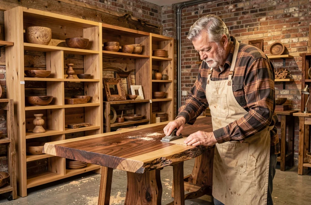Boutique du Bois en Haute-Garonne avec table en noyer bord vif, étagères en chêne massif et artisan travaillant le bois