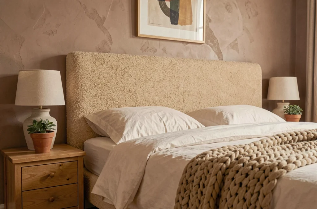 Chambre à coucher cosy avec tête de lit en bouclé, linge de lit en coton et mur en argile, inspiration déco tendance pour appartement Chambéry