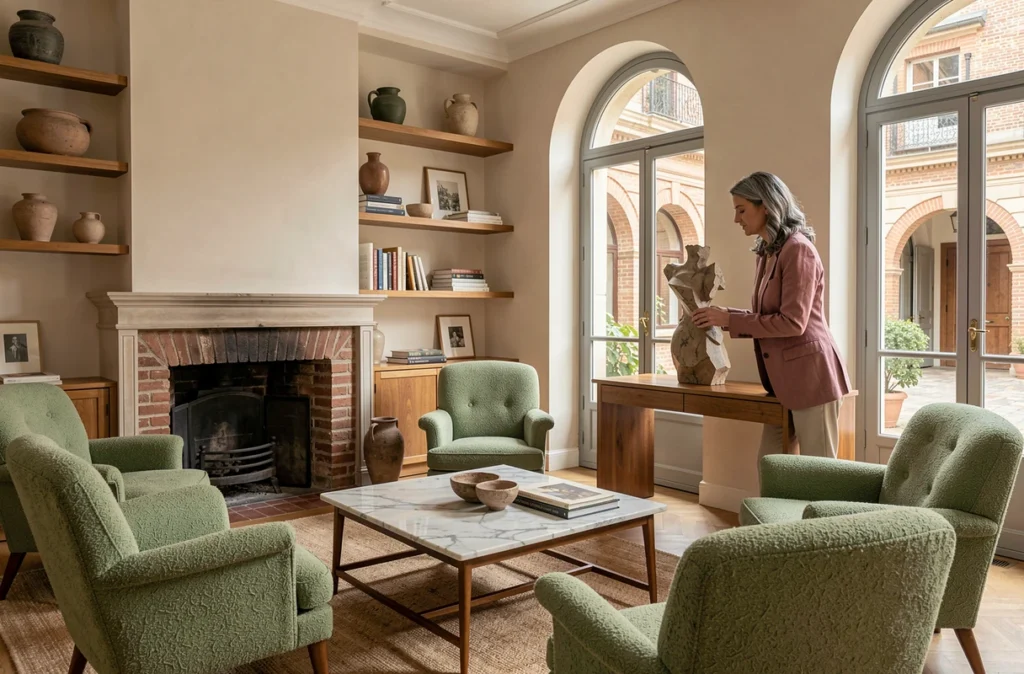 Salon décoré par Christine Clavere avec fauteuils vintage, table en marbre et étagères sur mesure dans un appartement toulousain