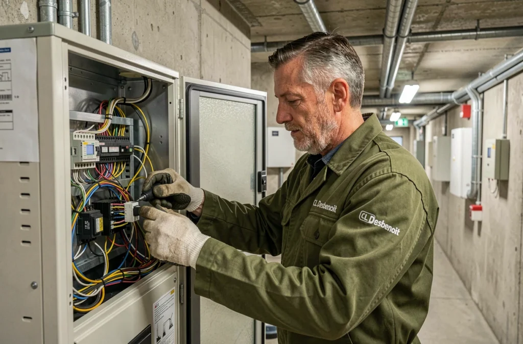Technicien CL Desbenoit raccordant le câblage électrique d'une climatisation commerciale dans un couloir de bureau
