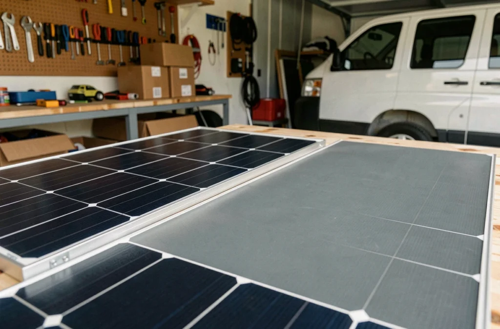 Comparaison entre un panneau solaire monocristallin et un panneau solaire flexible posés sur un établi