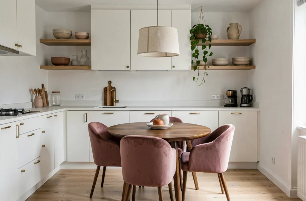 Cuisine et coin repas d'appartement moderne avec armoires blanches mates, quincaillerie dorée brossée et table ronde en noyer, idées déco tendance 4 Murs Chambéry