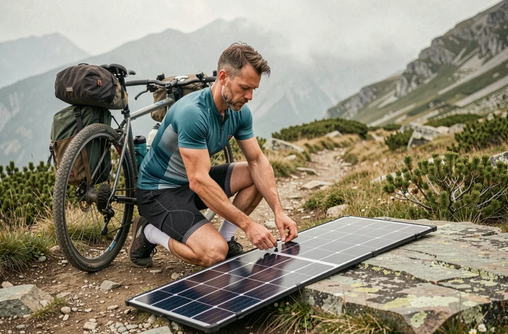 Cycliste connectant un panneau solaire pliant sur un sentier de montagne lors d'une randonnée à vélo