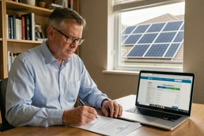 Propriétaire consultant des documents administratifs pour déclarer ses panneaux photovoltaïques aux impôts