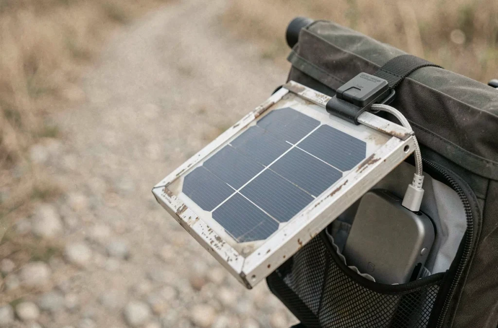 Gros plan sur un panneau solaire rigide fixé à un sac de guidon de vélo avec câble de charge