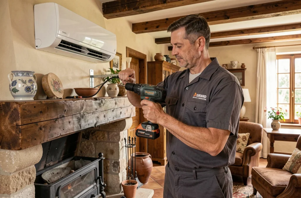 Installateur Durand Service Climatisation fixant un support de climatiseur dans un salon rustique avec poutres en bois