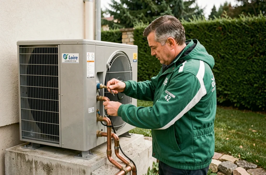 Installateur ECOTHERM 42 connectant les tuyaux d'un groupe extérieur de climatisation