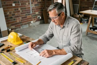 Homme mature étudiant des plans architecturaux avant de démarrer des travaux de rénovation dans un espace brut