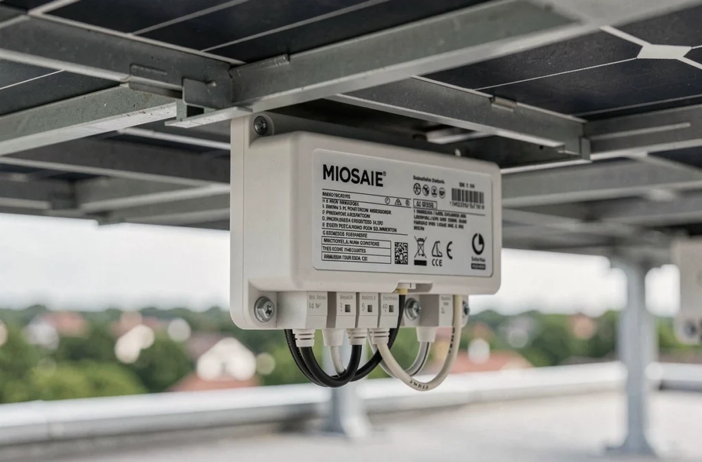 Gros plan d'un micro-onduleur fixé sous un panneau solaire avec connecteurs et étiquette technique visibles