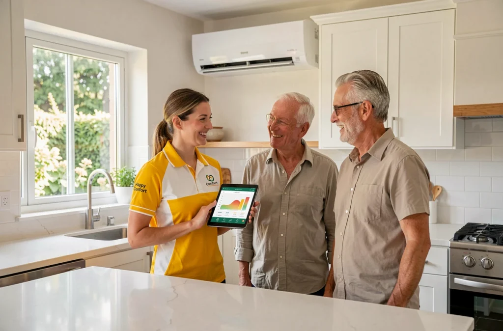 Technicienne Happy Confort présentant les données énergétiques d'une climatisation à un couple de propriétaires dans une cuisine moderne