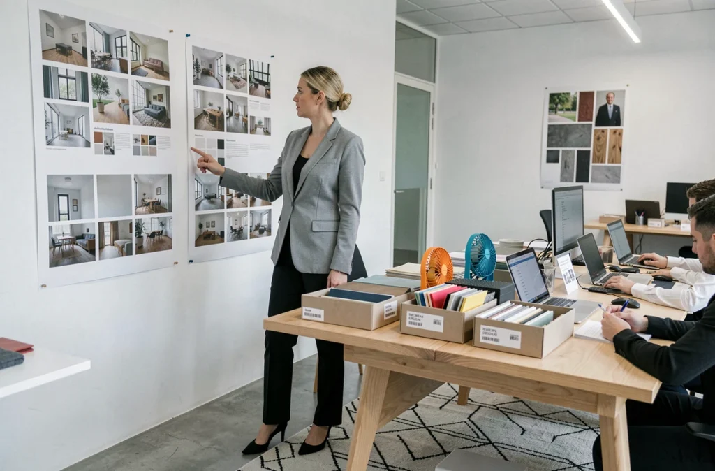 Agence ID d'Interieur à Toulouse avec tableaux de tendances, échantillons matières et équipe en réunion de conception