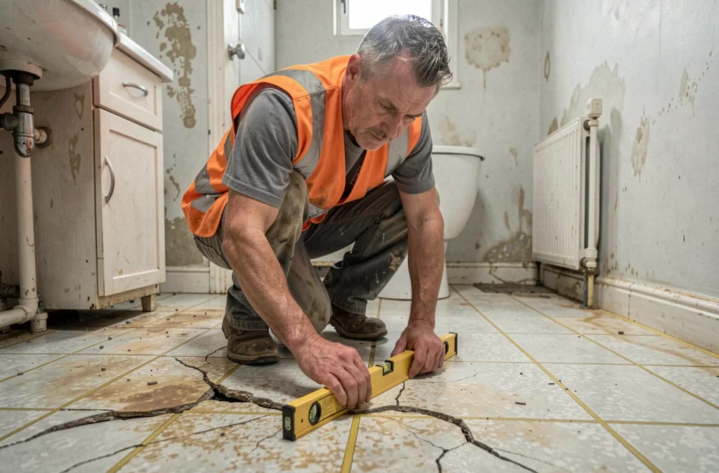 Artisan inspectant un carrelage fissuré dans une salle de bain vétuste pour identifier les erreurs avant rénovation