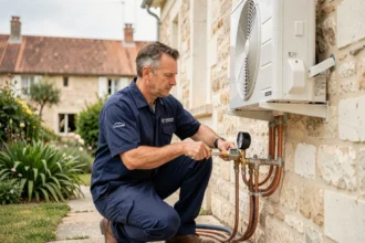 Technicien professionnel installant une climatisation sur une maison en pierre de la Loire