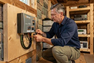 Technicien installant un contrôleur de charge Victron Energy dans un chalet autonome hors réseau