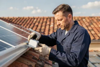 Technicien solaire installant un micro-onduleur sur des panneaux photovoltaïques en toiture résidentielle