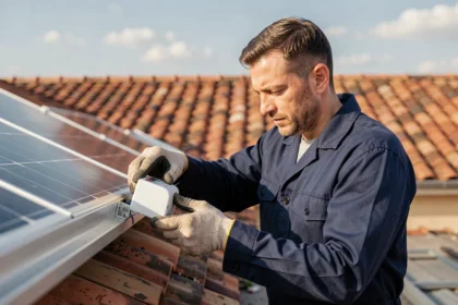 Technicien solaire installant un micro-onduleur sur des panneaux photovoltaïques en toiture résidentielle