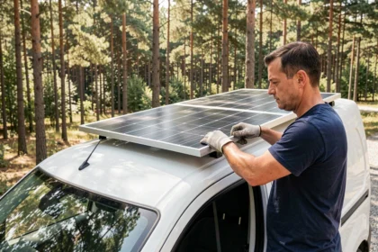 Homme installant un panneau solaire rigide sur le toit d'un fourgon aménagé en forêt