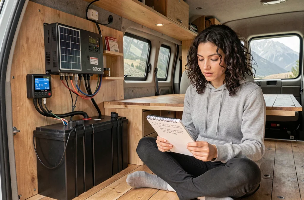 Intérieur d'un fourgon aménagé avec régulateur de charge solaire, batteries lithium et tableau électrique
