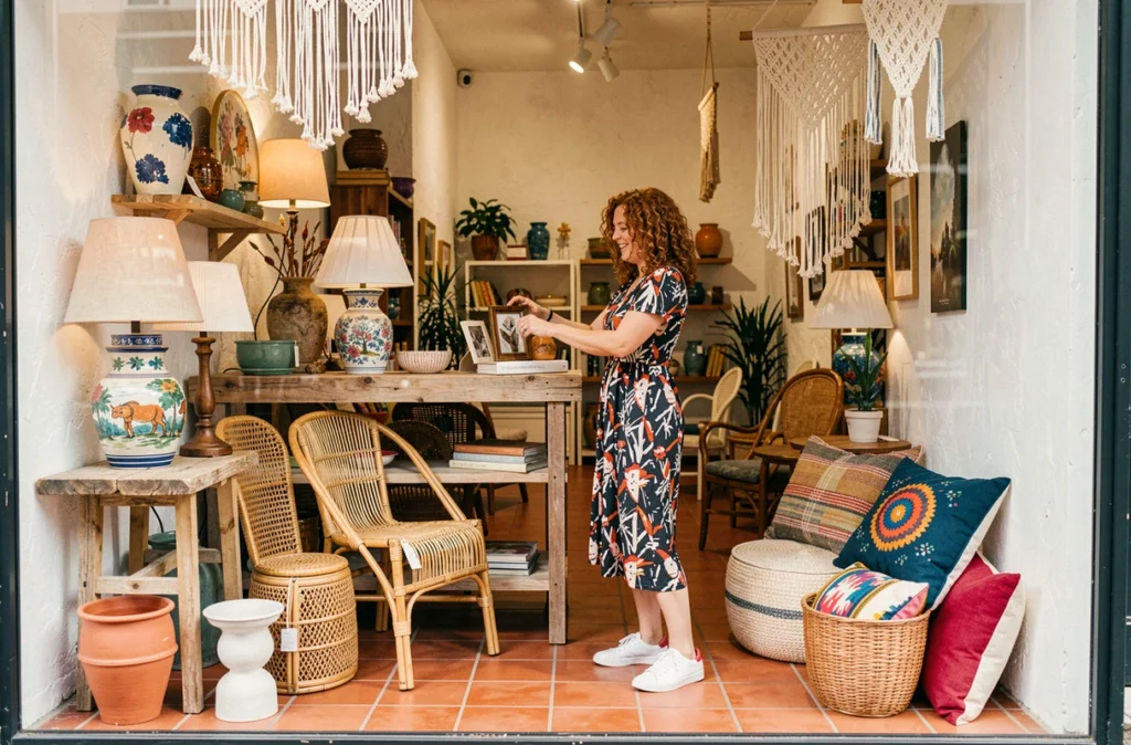 Boutique Kat Deko présentant des meubles artisanaux, céramiques et textiles colorés dans un cadre éclectique en Haute-Garonne