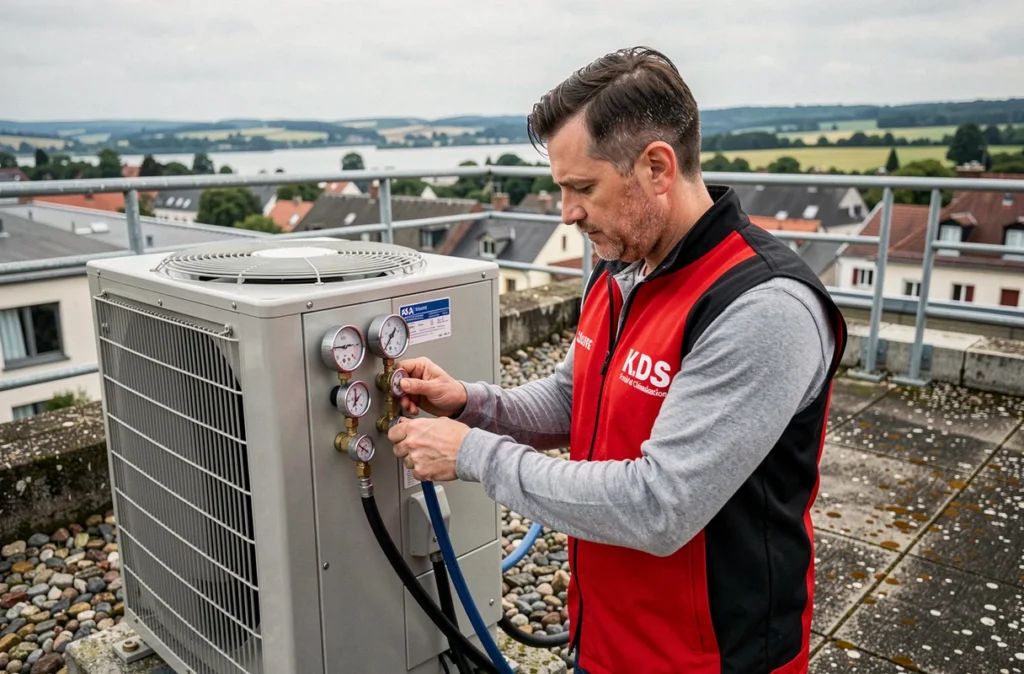 Technicien K.D.S Froid et Climatisation vérifiant les pressions d'un groupe extérieur sur une terrasse commerciale