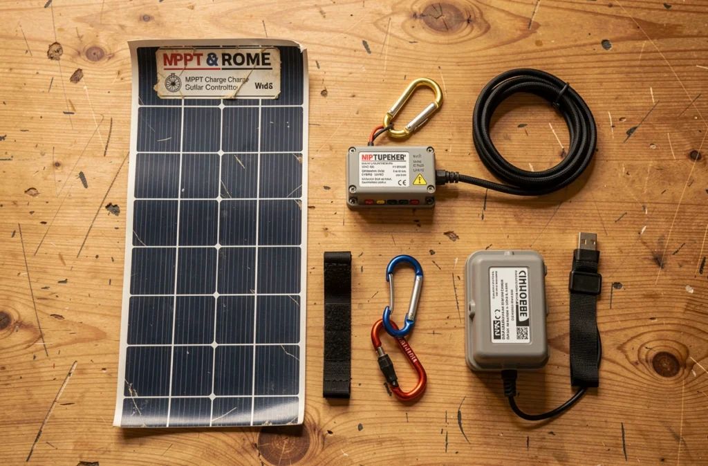 Kit complet de panneau solaire pour vélo disposé en flat-lay sur une table en bois d'atelier