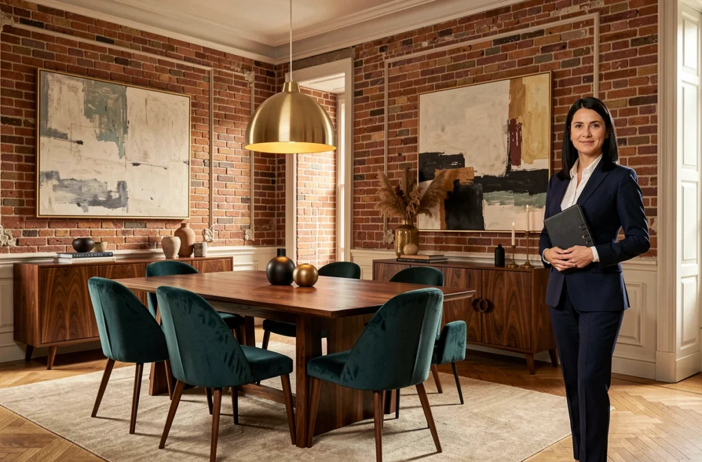 Salle à manger rénovée par LDécoration avec table en noyer, chaises en velours et mur en brique toulousaine apparente