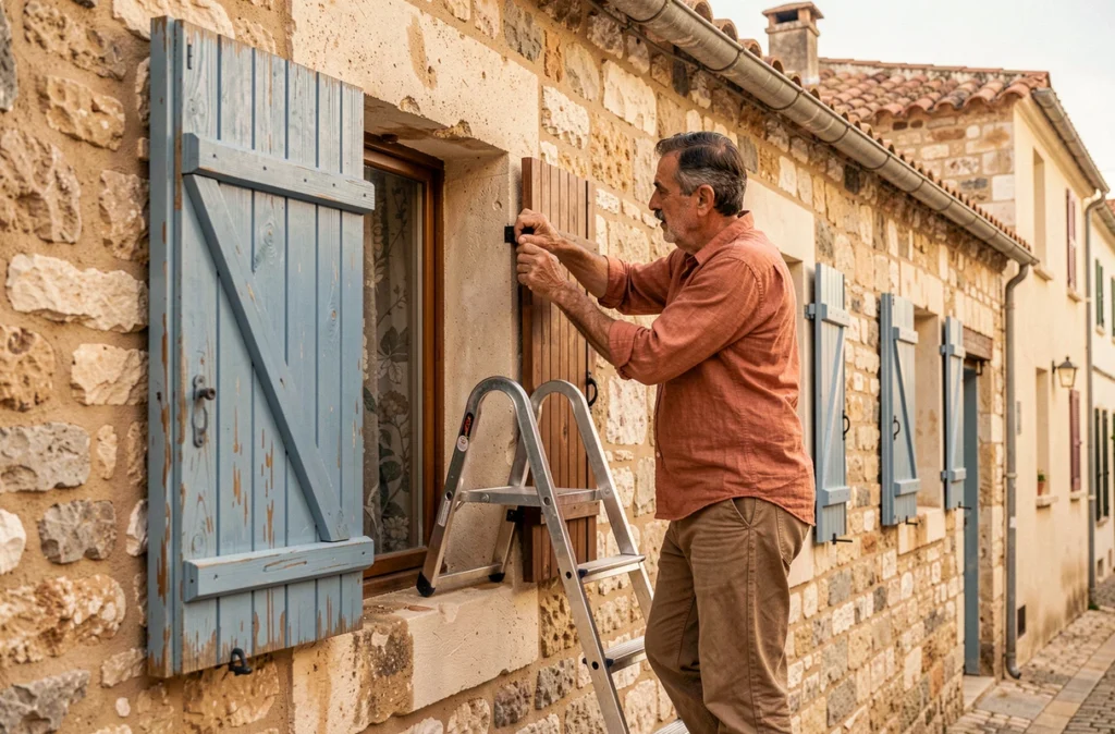 Artisan de Legno Prouvencau Romain Combalat posant un volet en bois sur une façade en pierre d'un immeuble marseillais traditionnel