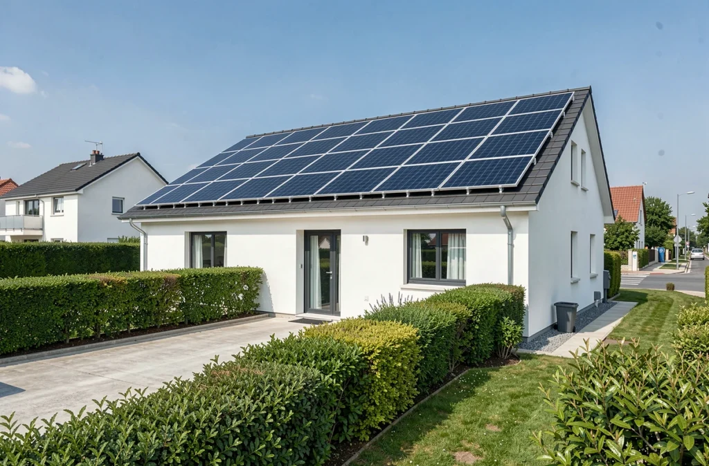 Maison individuelle avec installation complète de panneaux solaires et micro-onduleurs en toiture dans un quartier résidentiel