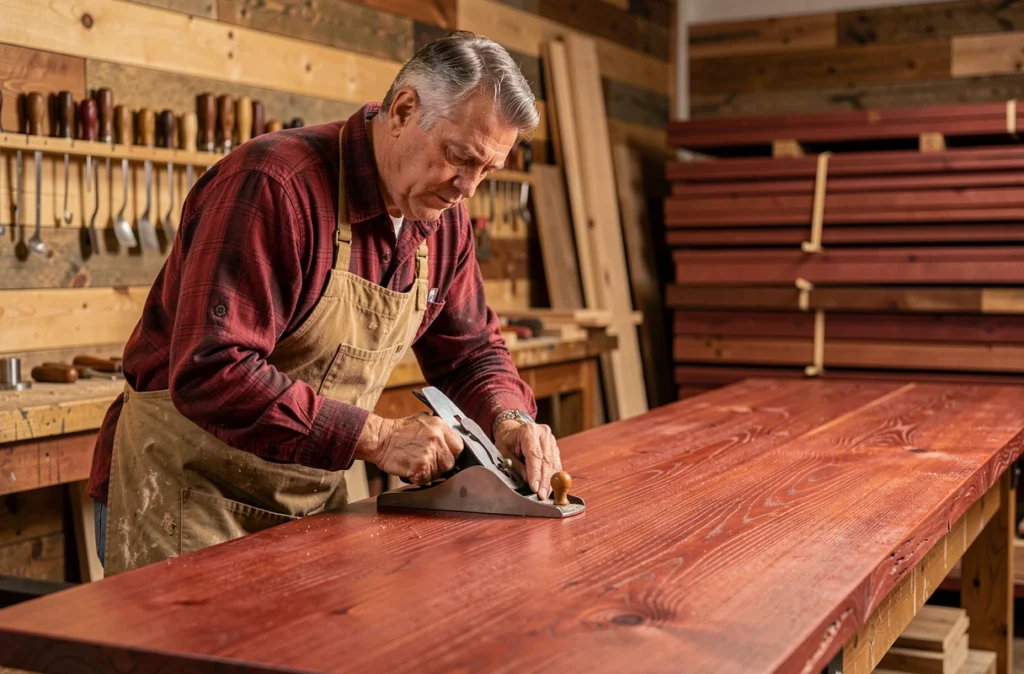 Menuisier de la Menuiserie du Chêne Rouge rabot en main, travaillant sur un plateau de table en chêne rouge dans un atelier artisanal