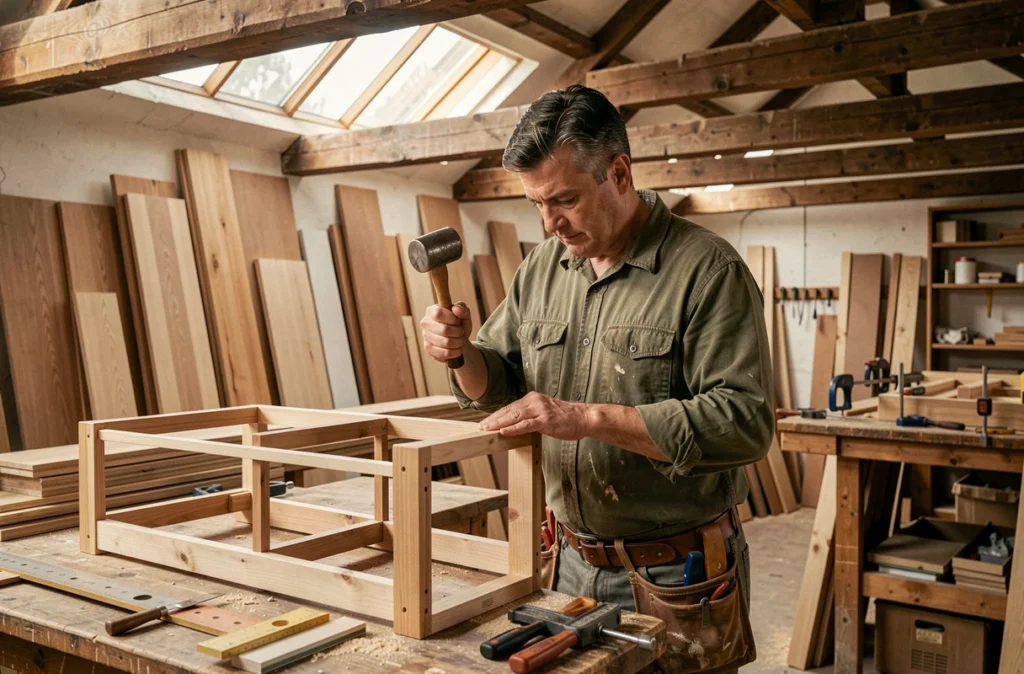 Artisan de la Menuiserie M.D. assemblant un cadre d'armoire en bois massif dans un atelier de menuiserie organisé