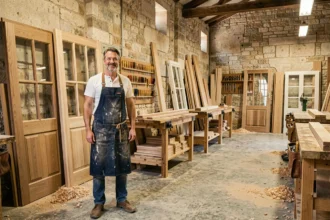 Atelier de menuiserie artisanale à Marseille avec un menuisier expérimenté entouré de portes et fenêtres en bois fabriquées à la main