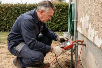 Électricien mesurant la résistance de terre d'une installation électrique résidentielle avec un multimètre numérique