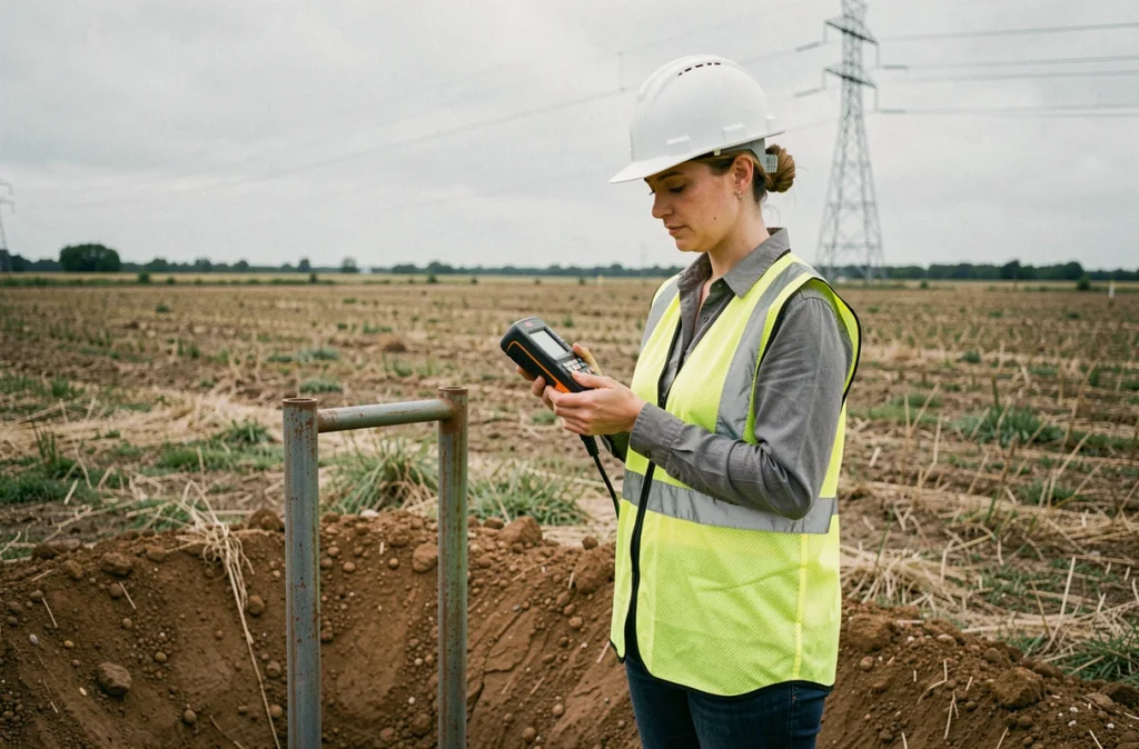 Ingénieure électricienne mesurant la résistance de terre d'un électrode de mise à la terre en milieu rural avec un telluromètre