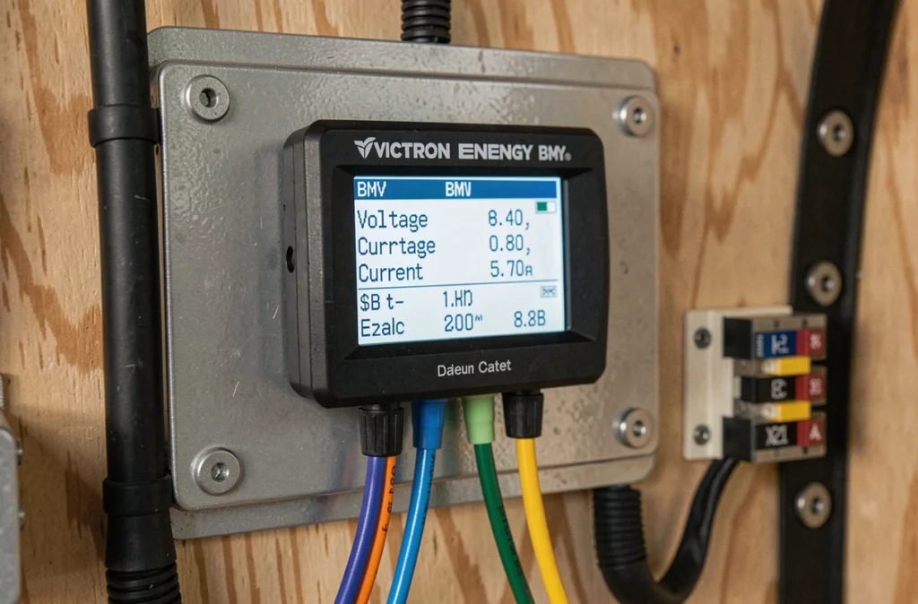 Écran de contrôle de batterie Victron BMV affichant les données d'énergie dans un aménagement de van