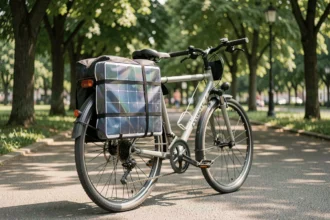 Panneau solaire flexible fixé sur le porte-bagage d'un vélo de randonnée en milieu urbain