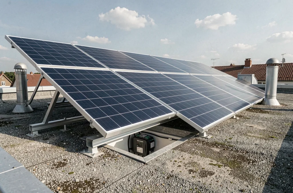 Panneau solaire monocristallin monté sur toit résidentiel avec régulateur MPPT Victron visible
