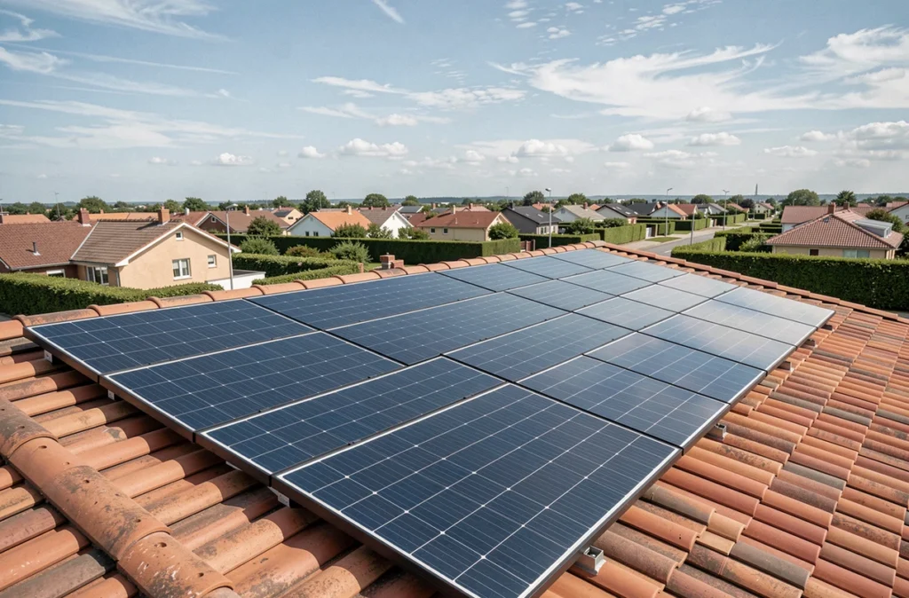 Panneaux solaires photovoltaïques installés sur le toit d'une maison individuelle en France