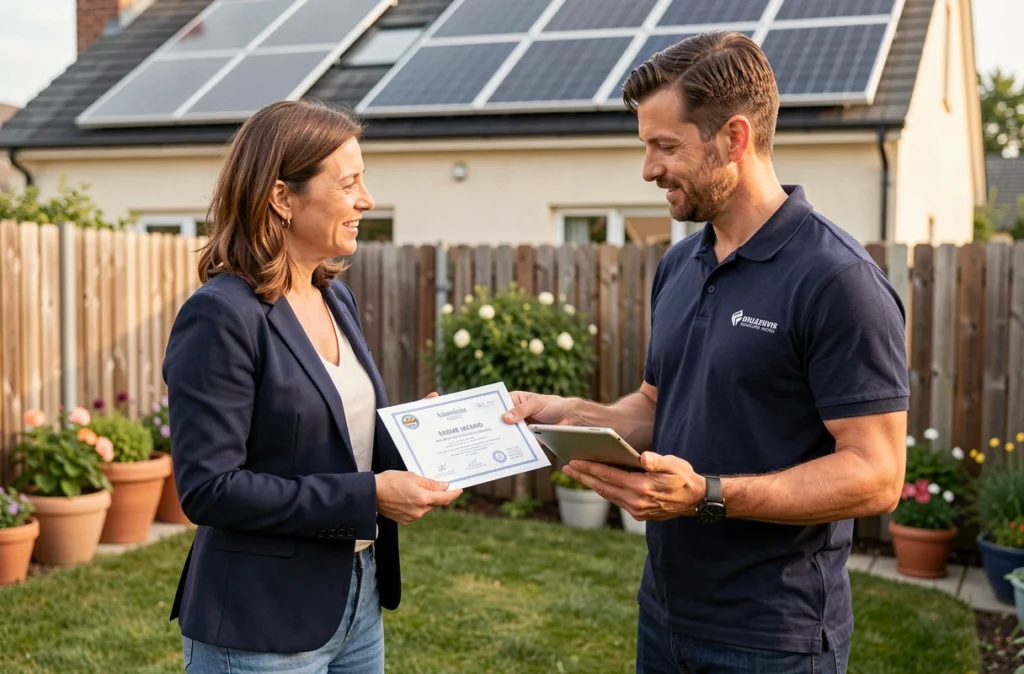 Propriétaire discutant de la déclaration de son installation photovoltaïque avec un technicien solaire