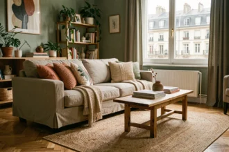 Salon chaleureux d'appartement décoré dans des tons terracotta et vert sauge avec canapé en lin et parquet en chevrons, style tendance 4 Murs Chambéry