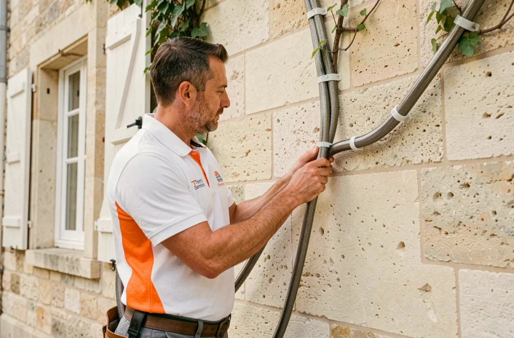 Technicien Thermi-Service posant des tubes réfrigérants isolés sur la façade d'une maison en pierre de la Loire