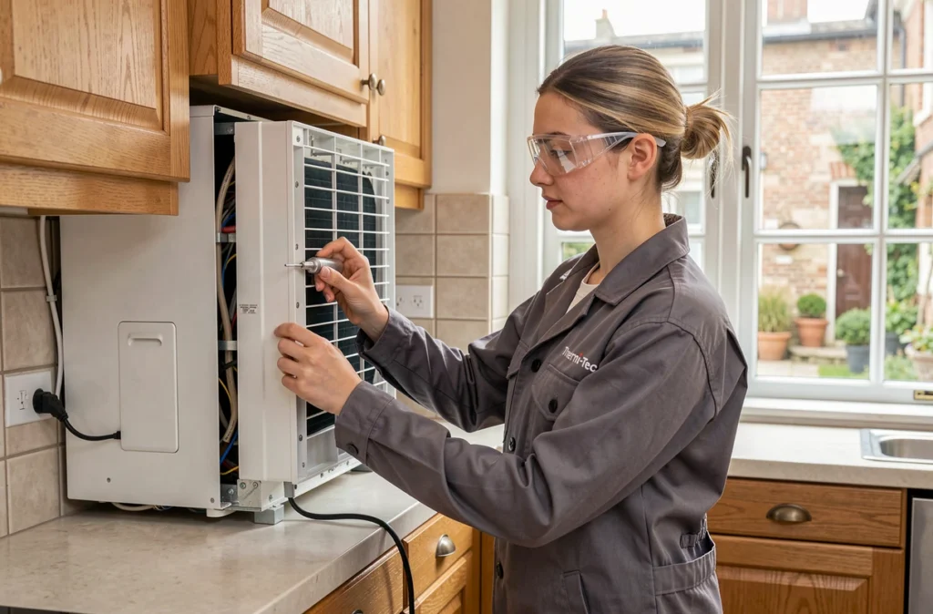 Technicienne Thermi-Tec effectuant un test d'étanchéité sur une climatisation dans une cuisine française
