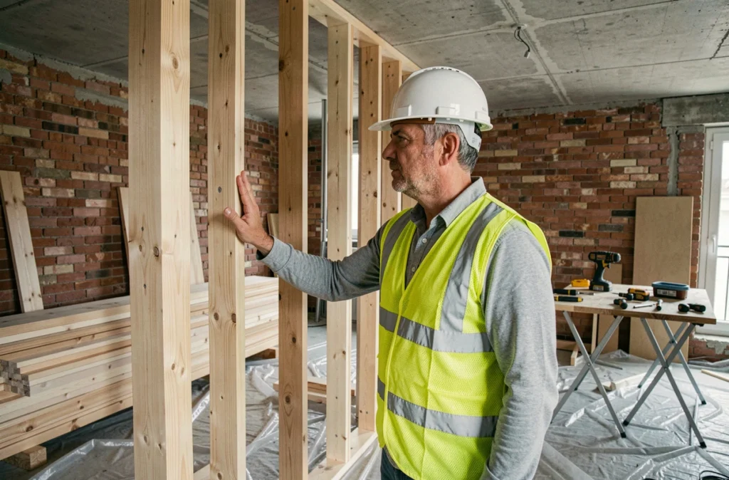 Professionnel de TOFERBAT inspectant une cloison en bois dans un appartement marseillais en cours de rénovation