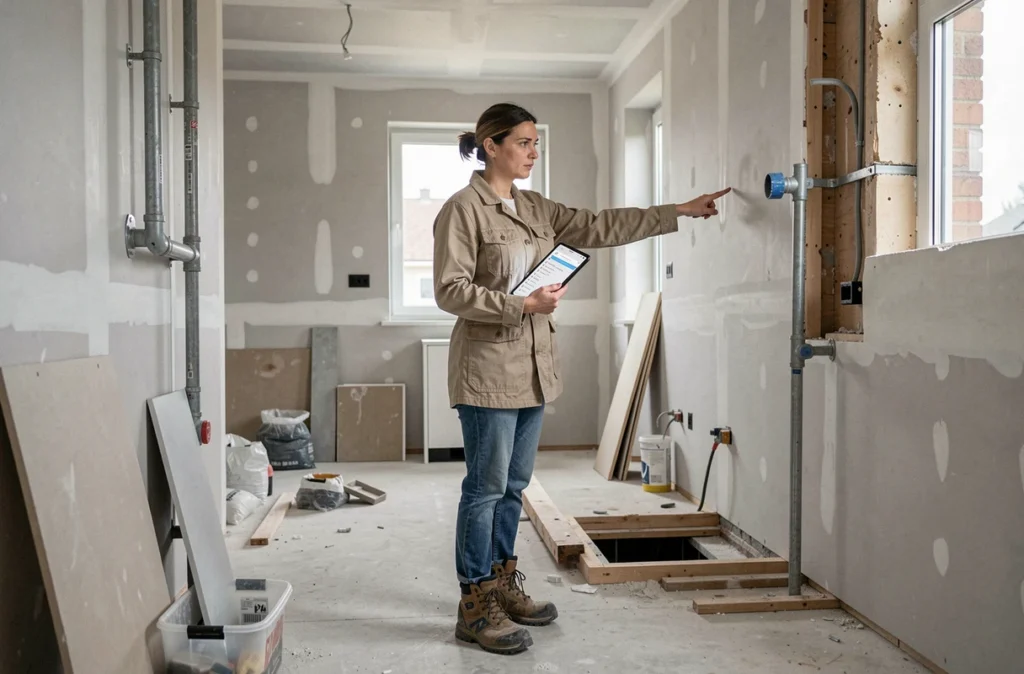 Femme cheffe de projet vérifiant une liste de contrôle dans une cuisine en chantier avant le début des travaux