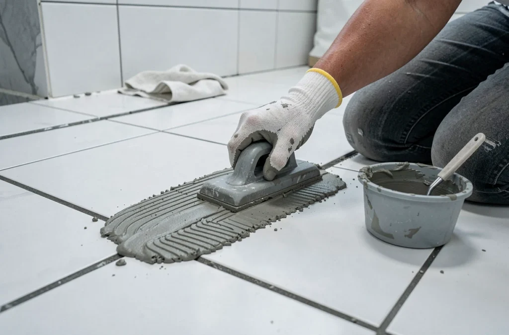 Main gantée appliquant du mortier pour joints dans un carrelage de salle de bain avec une taloche en caoutchouc, rénovation carrelage maison