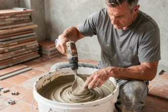 Artisan mélangeant du mortier pour joints de carrelage dans un seau blanc avec une perceuse et un malaxeur, technique professionnelle